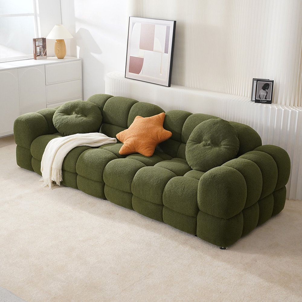 Modernes grünes Lazy Sofa aus Sherpa-Stoff, Dreisitzer-Marshmallow-Sofa mit Kissen für das Wohnzimmer