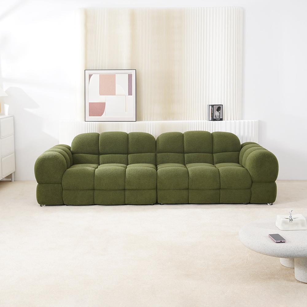 Modernes grünes Lazy Sofa aus Sherpa-Stoff, Dreisitzer-Marshmallow-Sofa mit Kissen für das Wohnzimmer