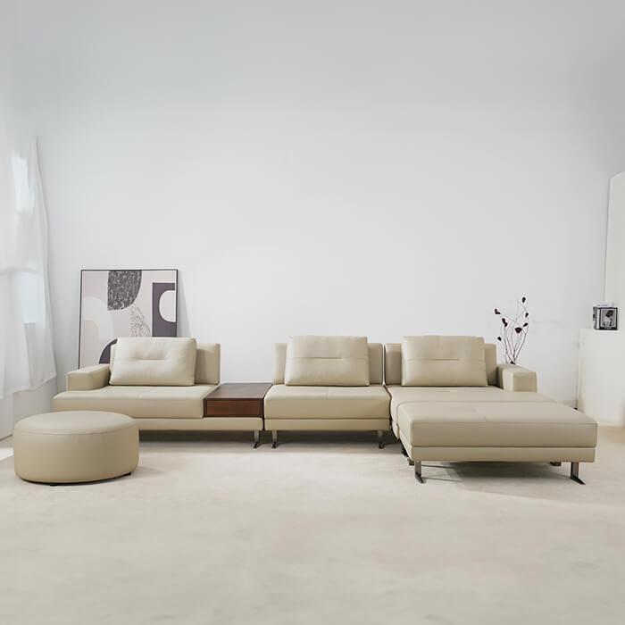 Luxuriöses L-förmiges, modulares Ledersofa mit Chaiselongue und Ottomane für das Wohnzimmer