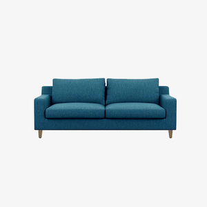 Wohnzimmermöbel, blaues Stoffsofa, Sessel, Holzbeine, Sofa