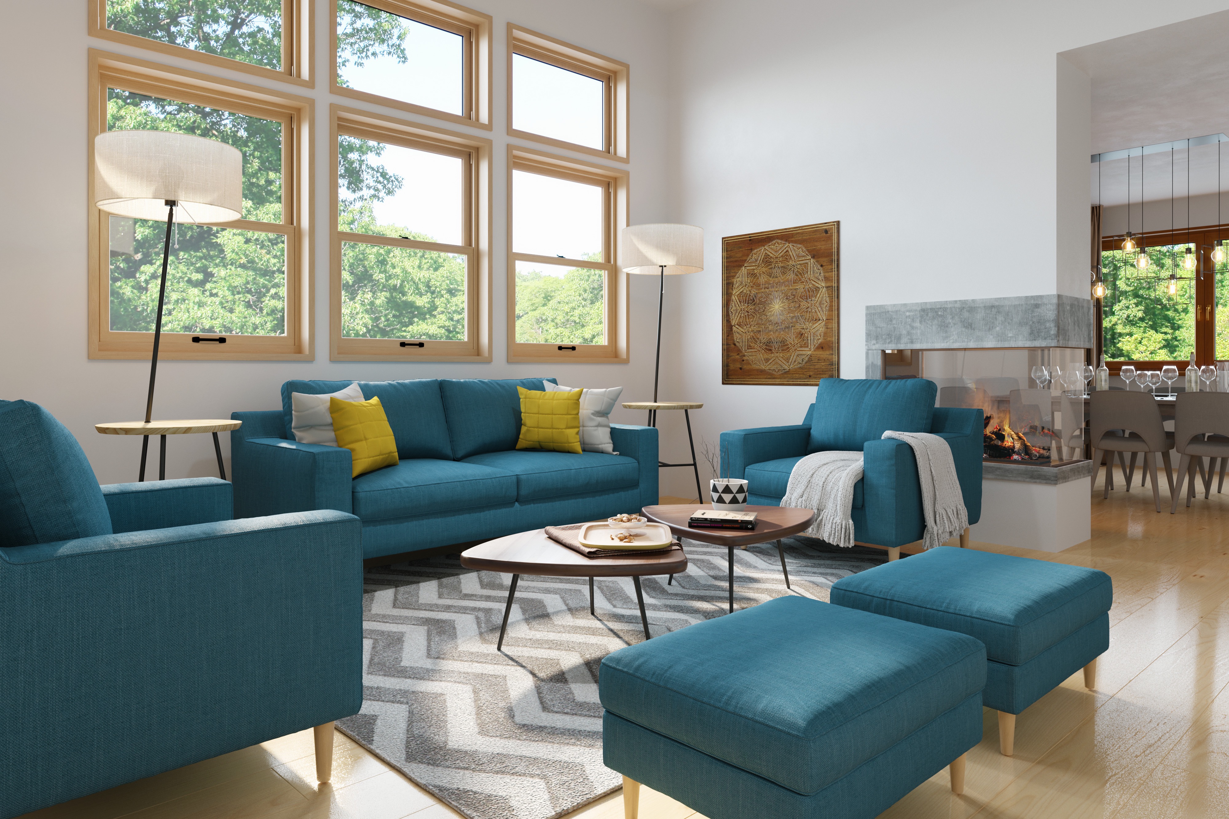 Wohnzimmermöbel, blaues Stoffsofa, Sessel, Holzbeine, Sofa