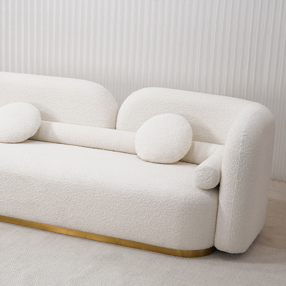 Modernes, weißes, gebogenes Dreisitzer-Polstersofa mit Boucle-Motiv 